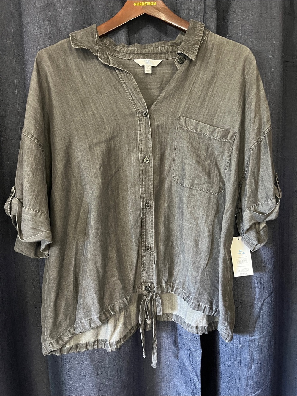 Time and Tru Washed Gray Button-Down Drawstring Shirt